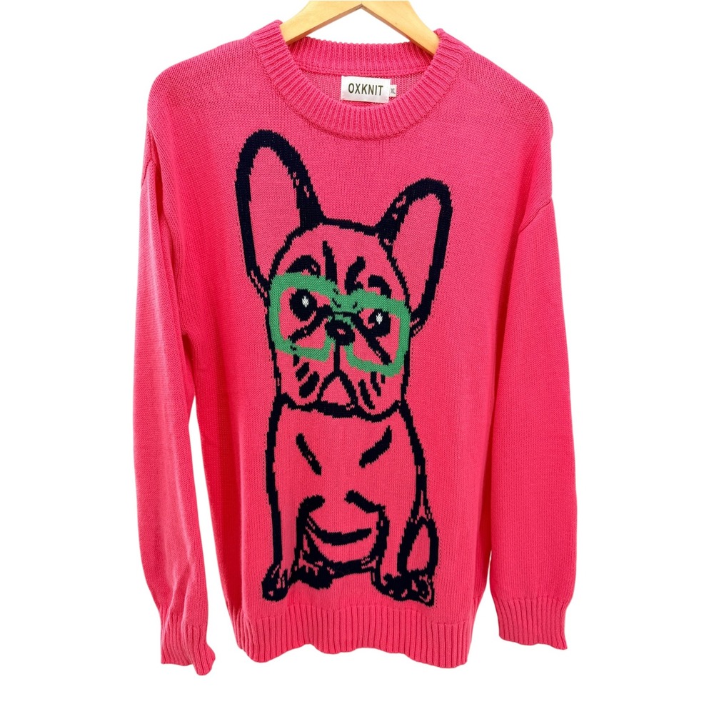 OXKNIT Women Hot Pink French Bulldog Sweater XL Cotton Retro Quirky Dog Pullover